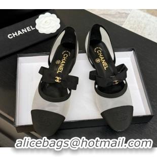 Low Cost Chanel Mesh & Grosgrain Mary Janes Flat Shoes with Bow White/Black 2025 G46701