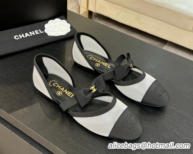 Low Cost Chanel Mesh & Grosgrain Mary Janes Flat Shoes with Bow White/Black 2025 G46701