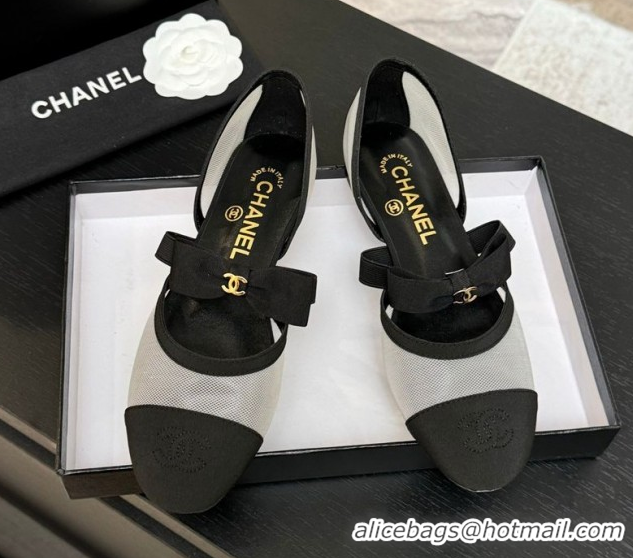 Low Cost Chanel Mesh & Grosgrain Mary Janes Flat Shoes with Bow White/Black 2025 G46701
