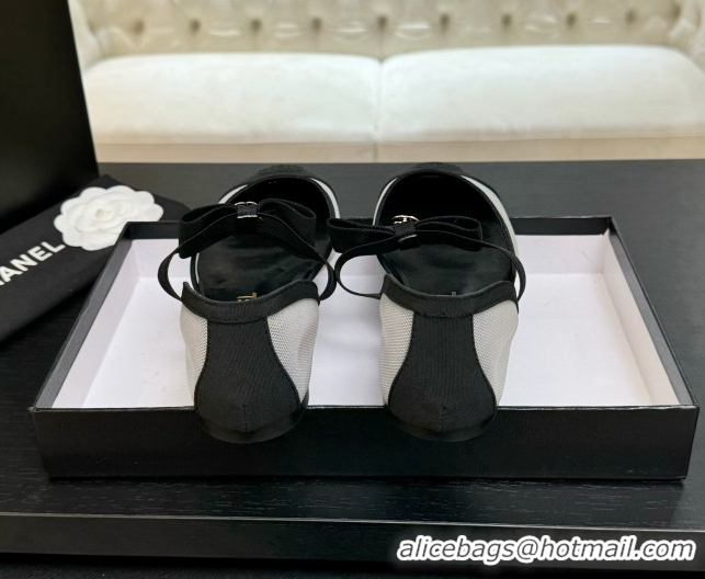 Low Cost Chanel Mesh & Grosgrain Mary Janes Flat Shoes with Bow White/Black 2025 G46701