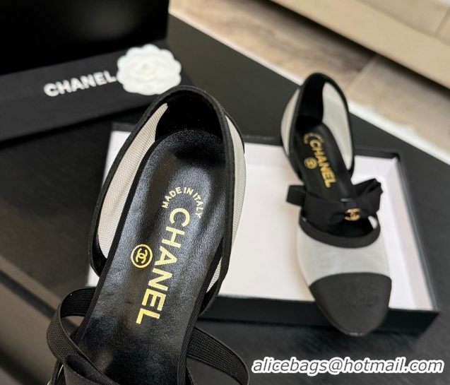 Low Cost Chanel Mesh & Grosgrain Mary Janes Flat Shoes with Bow White/Black 2025 G46701