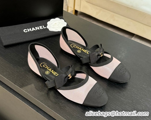 Unique Style Chanel Mesh & Grosgrain Mary Janes Flat Shoes with Bow Pink/Black 2025 G46701