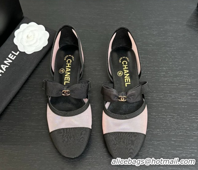 Unique Style Chanel Mesh & Grosgrain Mary Janes Flat Shoes with Bow Pink/Black 2025 G46701