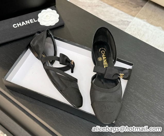 Big Discount Chanel Mesh & Grosgrain Mary Janes Flat Shoes with Bow Black2 2025 G46701