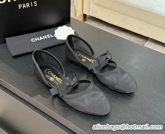 Big Discount Chanel Mesh & Grosgrain Mary Janes Flat Shoes with Bow Black2 2025 G46701