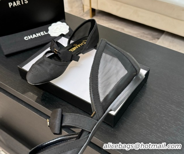 Big Discount Chanel Mesh & Grosgrain Mary Janes Flat Shoes with Bow Black2 2025 G46701