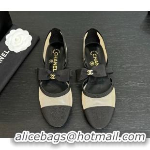 Charming Chanel Mesh & Grosgrain Mary Janes Flat Shoes with Bow Beige/Black 2025 G46701