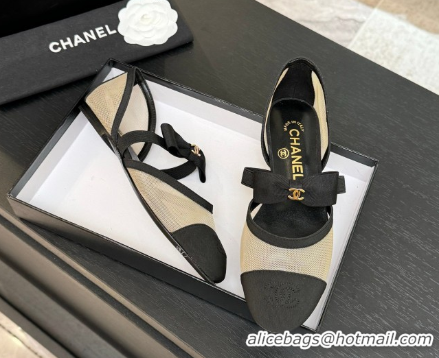 Charming Chanel Mesh & Grosgrain Mary Janes Flat Shoes with Bow Beige/Black 2025 G46701