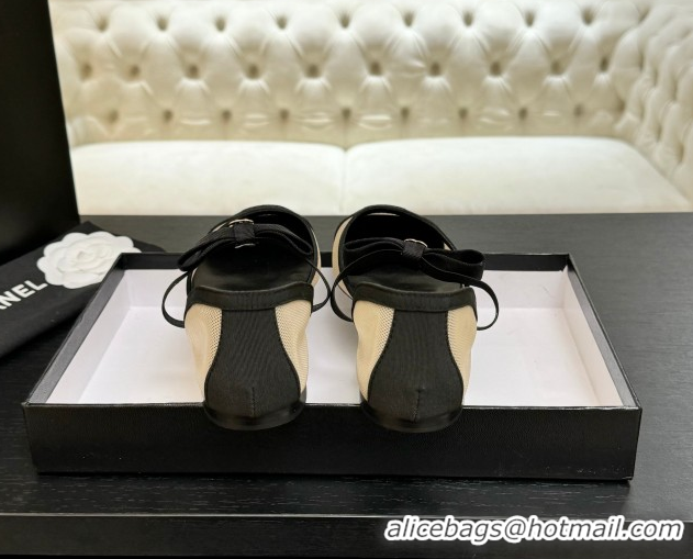 Charming Chanel Mesh & Grosgrain Mary Janes Flat Shoes with Bow Beige/Black 2025 G46701