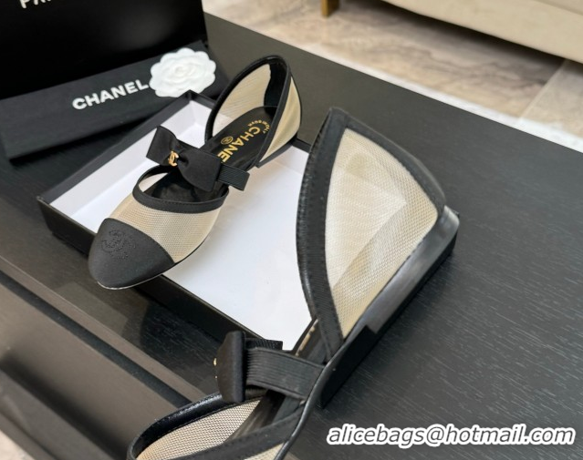 Charming Chanel Mesh & Grosgrain Mary Janes Flat Shoes with Bow Beige/Black 2025 G46701