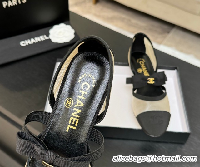 Charming Chanel Mesh & Grosgrain Mary Janes Flat Shoes with Bow Beige/Black 2025 G46701