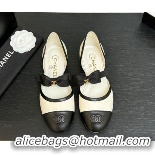 Top Design Chanel Calfskin Leather Mary Janes Flat Shoes with Bow White/Black 2025 G46701