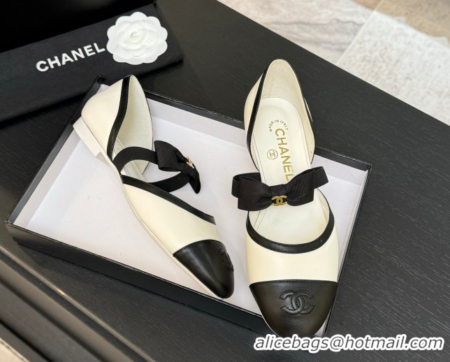 Top Design Chanel Calfskin Leather Mary Janes Flat Shoes with Bow White/Black 2025 G46701