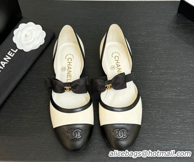 Top Design Chanel Calfskin Leather Mary Janes Flat Shoes with Bow White/Black 2025 G46701