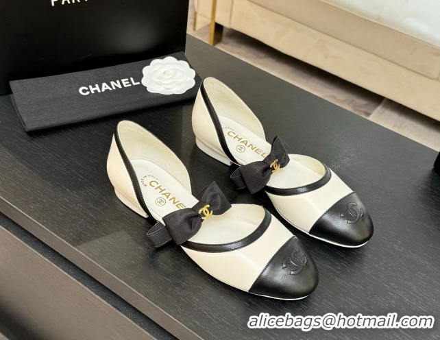 Top Design Chanel Calfskin Leather Mary Janes Flat Shoes with Bow White/Black 2025 G46701
