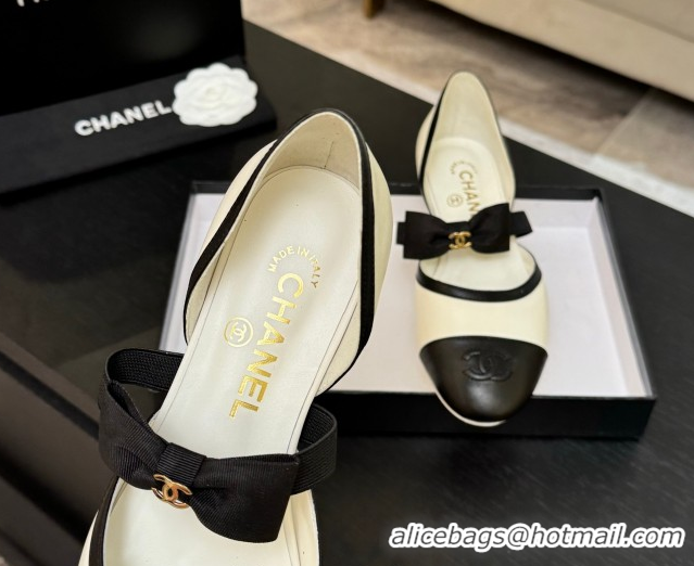 Top Design Chanel Calfskin Leather Mary Janes Flat Shoes with Bow White/Black 2025 G46701