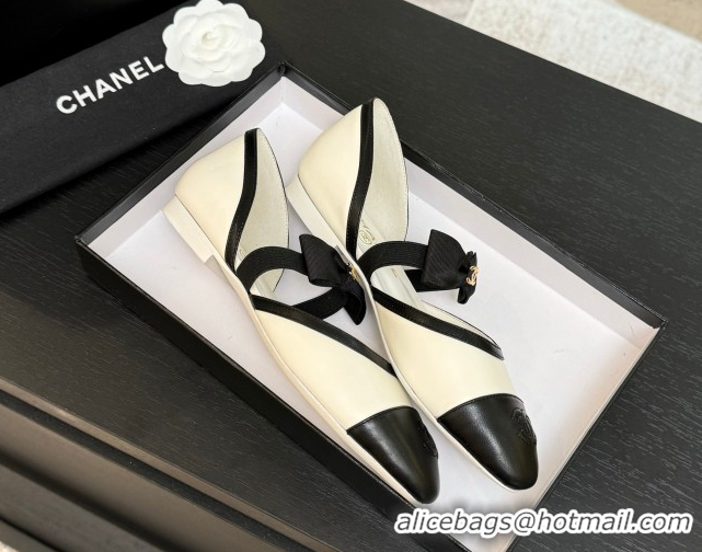 Top Design Chanel Calfskin Leather Mary Janes Flat Shoes with Bow White/Black 2025 G46701