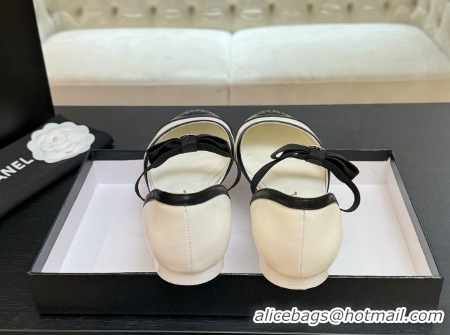 Top Design Chanel Calfskin Leather Mary Janes Flat Shoes with Bow White/Black 2025 G46701