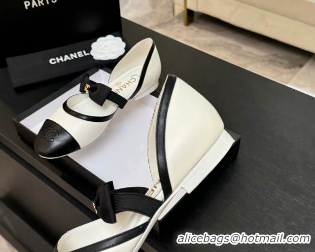 Top Design Chanel Calfskin Leather Mary Janes Flat Shoes with Bow White/Black 2025 G46701