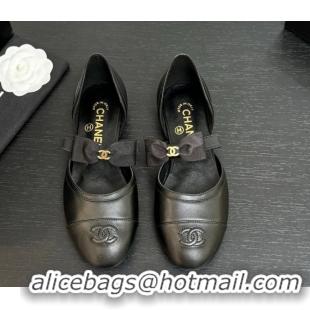 Good Quality Chanel Calfskin Leather Mary Janes Flat Shoes with Bow Black2 2025 G46701