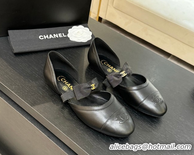 Good Quality Chanel Calfskin Leather Mary Janes Flat Shoes with Bow Black2 2025 G46701