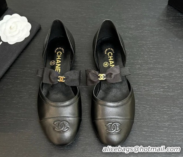 Good Quality Chanel Calfskin Leather Mary Janes Flat Shoes with Bow Black2 2025 G46701