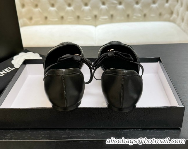 Good Quality Chanel Calfskin Leather Mary Janes Flat Shoes with Bow Black2 2025 G46701