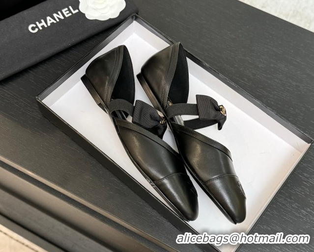 Good Quality Chanel Calfskin Leather Mary Janes Flat Shoes with Bow Black2 2025 G46701