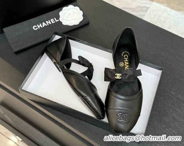 Good Quality Chanel Calfskin Leather Mary Janes Flat Shoes with Bow Black2 2025 G46701