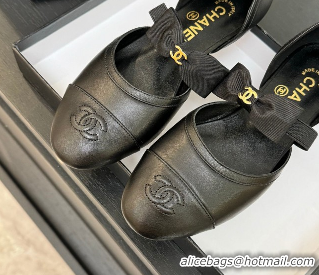 Good Quality Chanel Calfskin Leather Mary Janes Flat Shoes with Bow Black2 2025 G46701