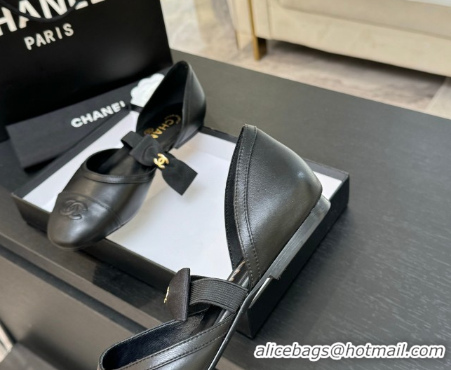 Good Quality Chanel Calfskin Leather Mary Janes Flat Shoes with Bow Black2 2025 G46701