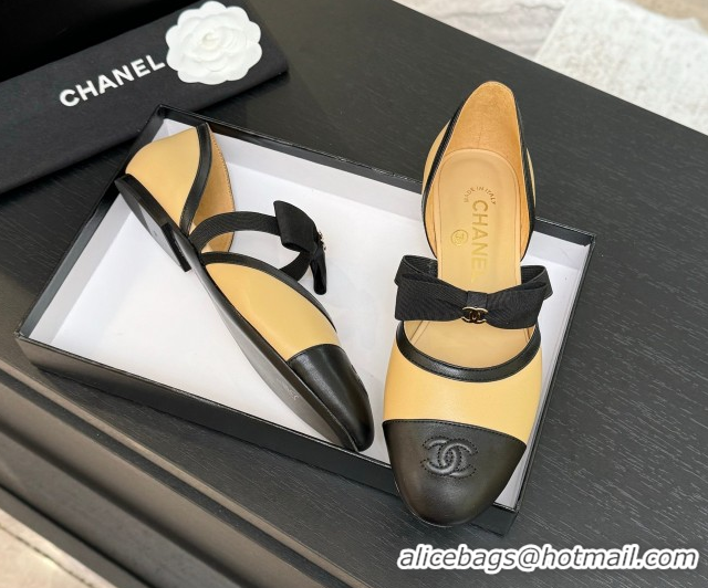 Luxury Chanel Calfskin Leather Mary Janes Flat Shoes with Bow Beige/Black 2025 G46701