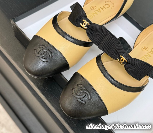 Luxury Chanel Calfskin Leather Mary Janes Flat Shoes with Bow Beige/Black 2025 G46701