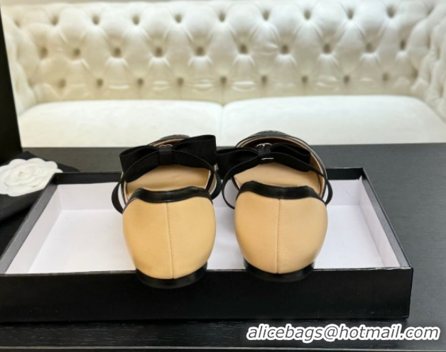 Luxury Chanel Calfskin Leather Mary Janes Flat Shoes with Bow Beige/Black 2025 G46701