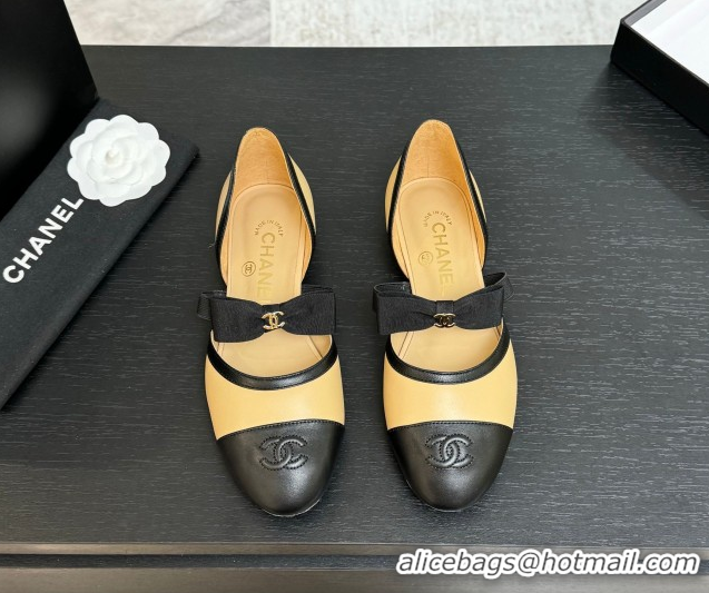 Luxury Chanel Calfskin Leather Mary Janes Flat Shoes with Bow Beige/Black 2025 G46701