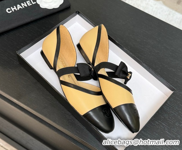 Luxury Chanel Calfskin Leather Mary Janes Flat Shoes with Bow Beige/Black 2025 G46701