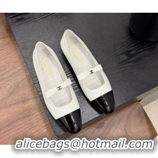 Shop Duplicate Chanel Lambskin & Patent Calfskin Mary Janes Ballet Flats with Bow White 2025 CH090109