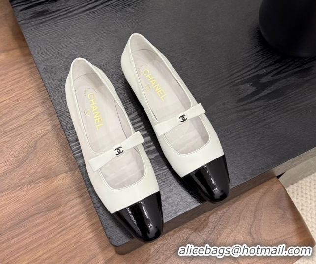 Shop Duplicate Chanel Lambskin & Patent Calfskin Mary Janes Ballet Flats with Bow White 2025 CH090109