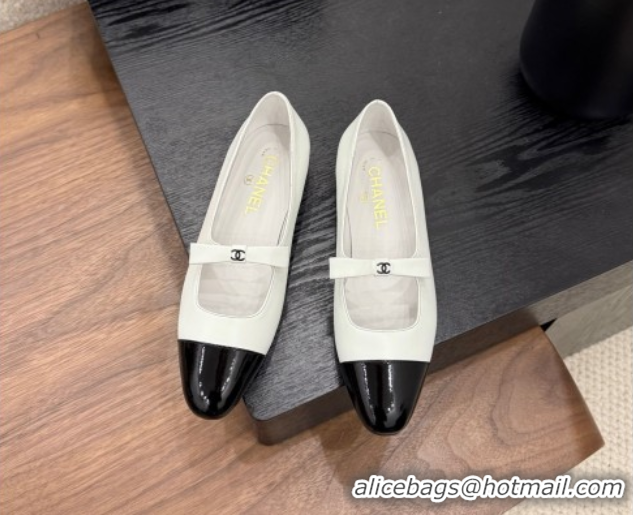 Shop Duplicate Chanel Lambskin & Patent Calfskin Mary Janes Ballet Flats with Bow White 2025 CH090109