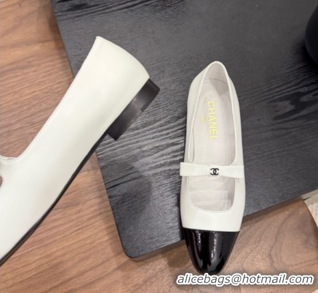 Shop Duplicate Chanel Lambskin & Patent Calfskin Mary Janes Ballet Flats with Bow White 2025 CH090109