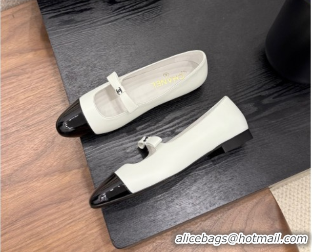Shop Duplicate Chanel Lambskin & Patent Calfskin Mary Janes Ballet Flats with Bow White 2025 CH090109
