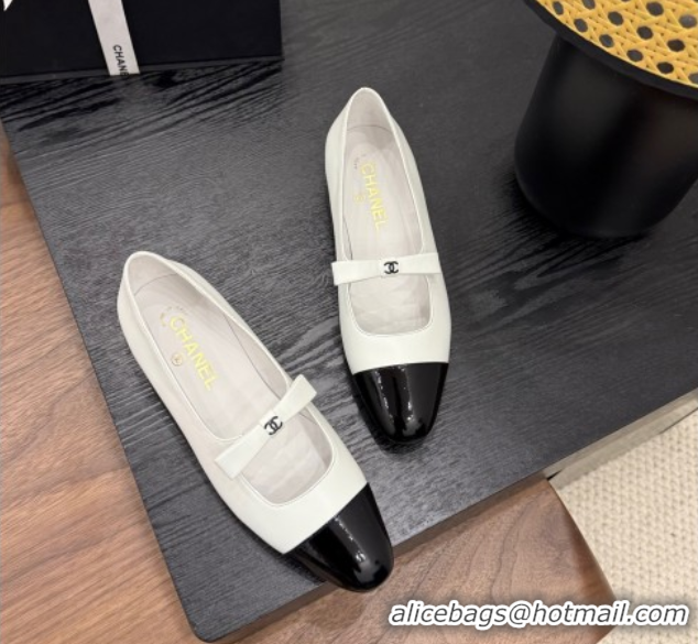 Shop Duplicate Chanel Lambskin & Patent Calfskin Mary Janes Ballet Flats with Bow White 2025 CH090109