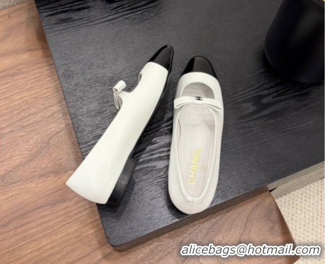 Shop Duplicate Chanel Lambskin & Patent Calfskin Mary Janes Ballet Flats with Bow White 2025 CH090109