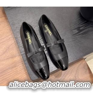 Sophisticated Chanel Lambskin & Patent Calfskin Mary Janes Ballet Flats with Bow Black 2025 CH090109