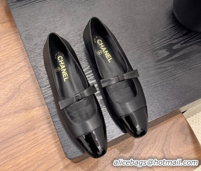Sophisticated Chanel Lambskin & Patent Calfskin Mary Janes Ballet Flats with Bow Black 2025 CH090109