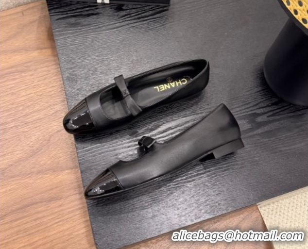 Sophisticated Chanel Lambskin & Patent Calfskin Mary Janes Ballet Flats with Bow Black 2025 CH090109