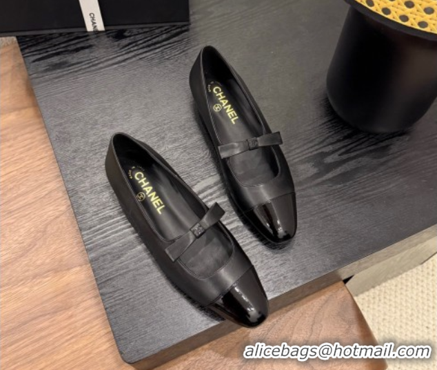 Sophisticated Chanel Lambskin & Patent Calfskin Mary Janes Ballet Flats with Bow Black 2025 CH090109