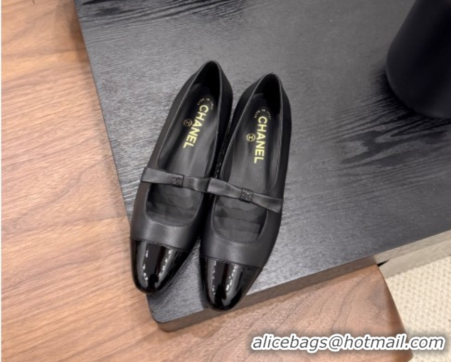 Sophisticated Chanel Lambskin & Patent Calfskin Mary Janes Ballet Flats with Bow Black 2025 CH090109