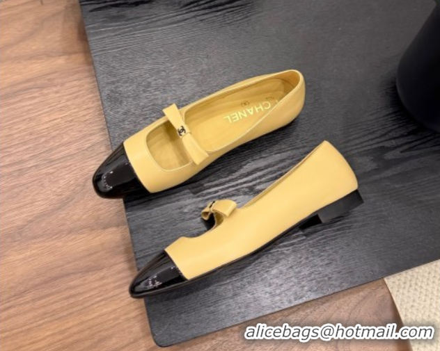 Sumptuous Chanel Lambskin & Patent Calfskin Mary Janes Ballet Flats with Bow Beige 2025 CH090109
