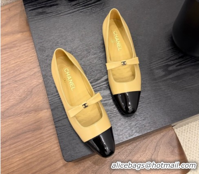 Sumptuous Chanel Lambskin & Patent Calfskin Mary Janes Ballet Flats with Bow Beige 2025 CH090109